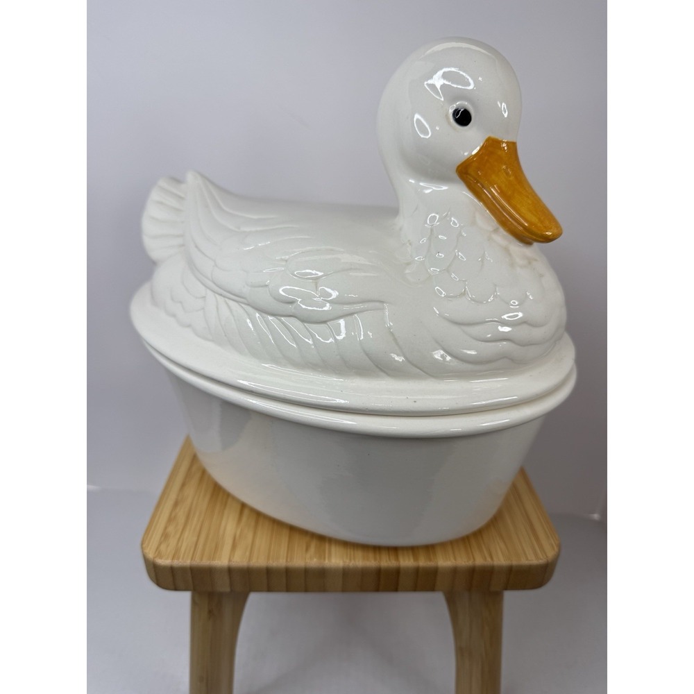 Vtg Ceramic Duck Goose Covered Dish Tureen Casserole Nesting Cottagecore Kitchen
